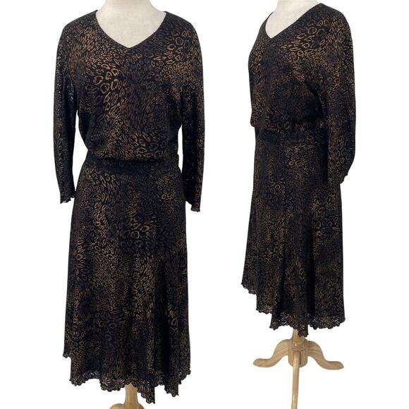 Vintage 90s Laura Ashley Cheetah Animal Print Lace Top & Midi Skirt Set Black 16 - Picture 1 of 10